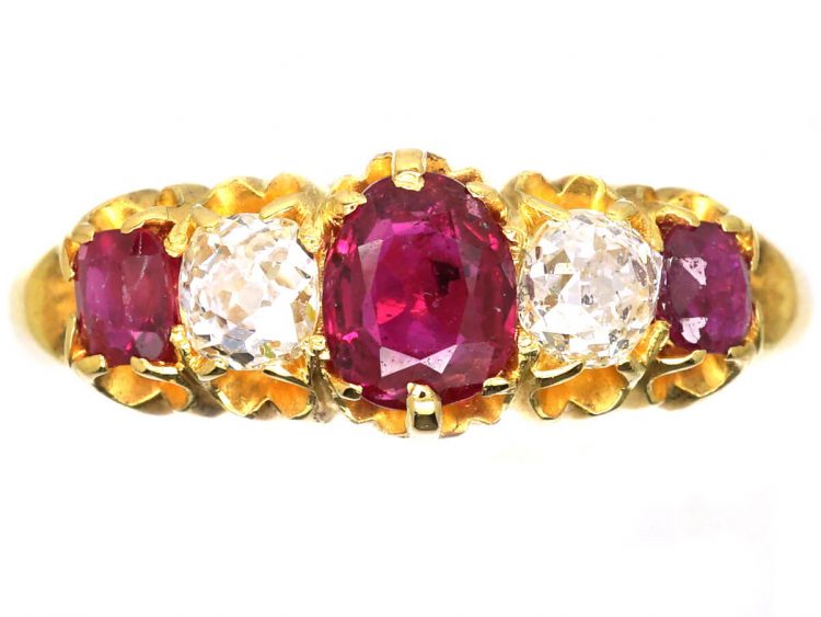 Victorian 18ct Gold, Five Stone Ruby & Old Mine Cut Diamond Ring