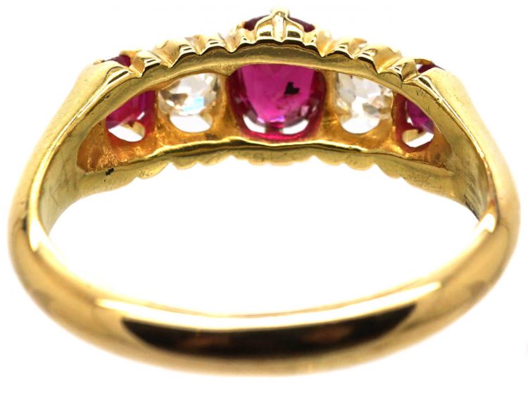 Victorian 18ct Gold, Five Stone Ruby & Old Mine Cut Diamond Ring