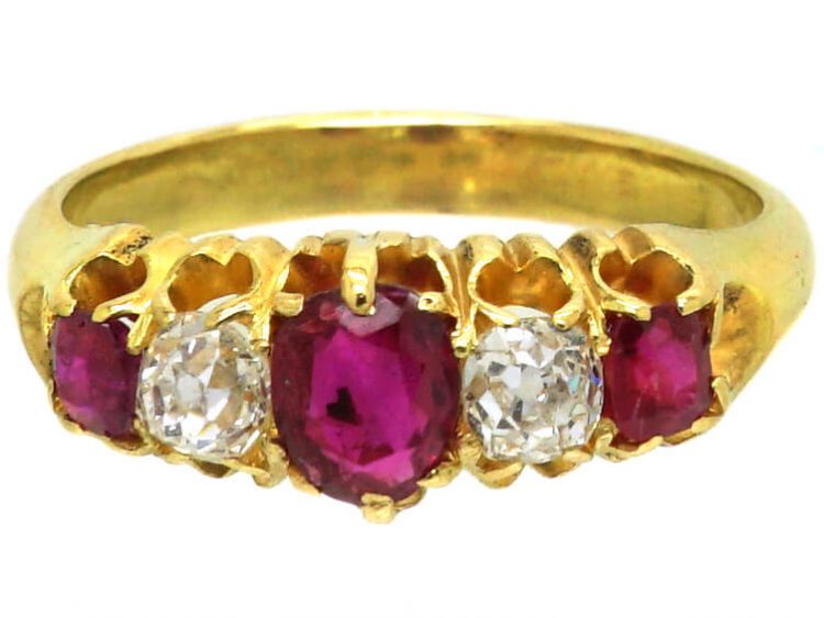 Victorian 18ct Gold, Five Stone Ruby & Old Mine Cut Diamond Ring