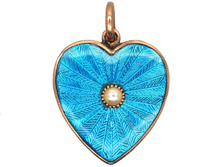 Edwardian 15ct Gold, Blue Enamel & Natural Pearl Heart Shaped Pendant