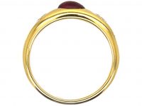 18ct Gold, Rub Over Set Cabochon Ruby & Diamond Three Stone Ring