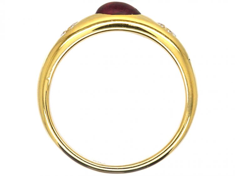 18ct Gold, Rub Over Set Cabochon Ruby & Diamond Three Stone Ring