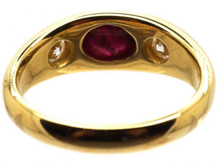 18ct Gold, Rub Over Set Cabochon Ruby & Diamond Three Stone Ring