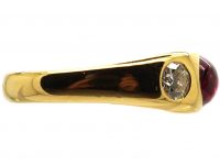 18ct Gold, Rub Over Set Cabochon Ruby & Diamond Three Stone Ring