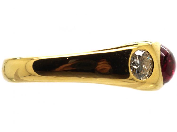 18ct Gold, Rub Over Set Cabochon Ruby & Diamond Three Stone Ring