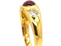 18ct Gold, Rub Over Set Cabochon Ruby & Diamond Three Stone Ring