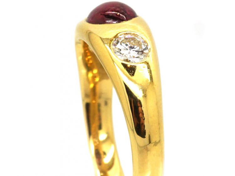 18ct Gold, Rub Over Set Cabochon Ruby & Diamond Three Stone Ring