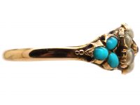 Early 19th Century 15ct Gold, Turquoise & Natural Split Pearls Cluster Ring