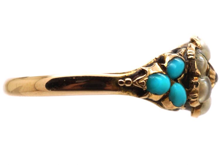 Early 19th Century 15ct Gold, Turquoise & Natural Split Pearls Cluster Ring