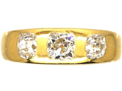 Victorian 18ct Gold Ring Rub Over Set with Three Old Cushion Cut Diamonds