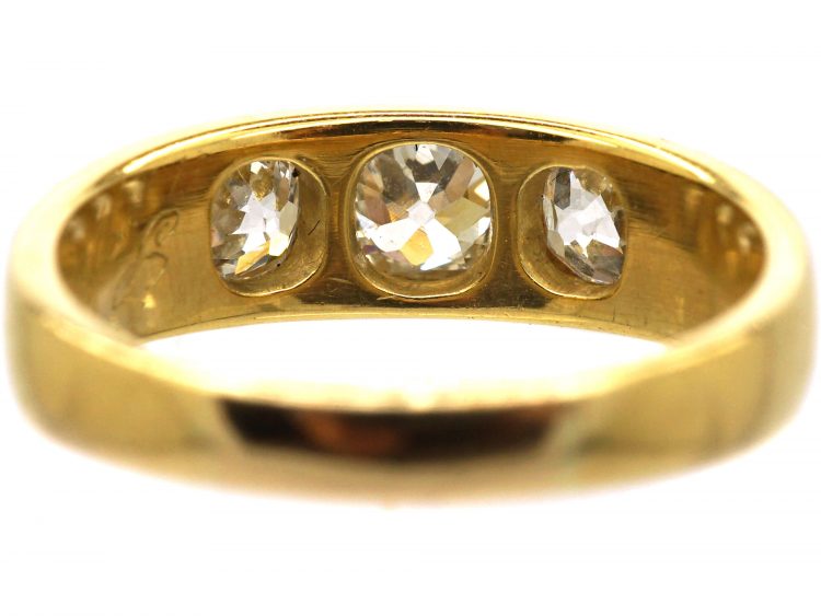 Victorian 18ct Gold Ring Rub Over Set with Three Old Cushion Cut Diamonds