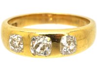 Victorian 18ct Gold Ring Rub Over Set with Three Old Cushion Cut Diamonds