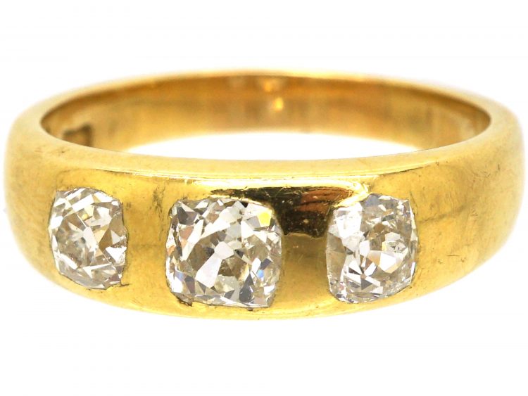 Victorian 18ct Gold Ring Rub Over Set with Three Old Cushion Cut Diamonds