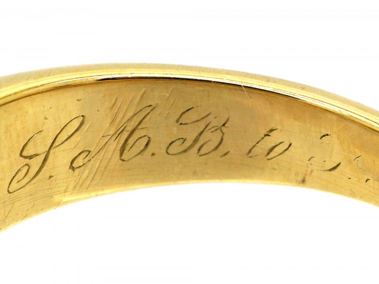 Victorian 18ct Gold Ring Rub Over Set with Three Old Cushion Cut Diamonds
