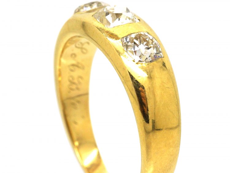 Victorian 18ct Gold Ring Rub Over Set with Three Old Cushion Cut Diamonds