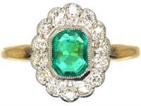 Edwardian 18ct Gold & Platinum, Emerald & Diamond Cluster Ring