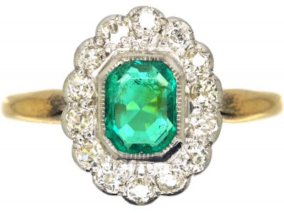 Edwardian 18ct Gold & Platinum, Emerald & Diamond Cluster Ring