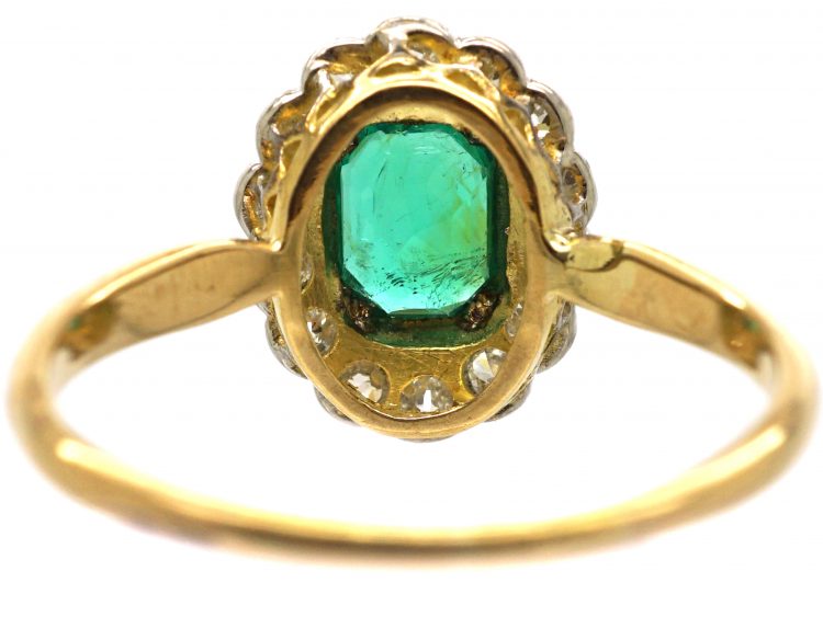 Edwardian 18ct Gold & Platinum, Emerald & Diamond Cluster Ring