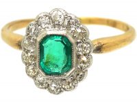 Edwardian 18ct Gold & Platinum, Emerald & Diamond Cluster Ring
