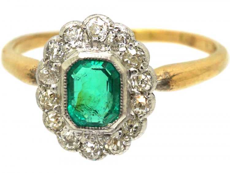 Edwardian 18ct Gold & Platinum, Emerald & Diamond Cluster Ring