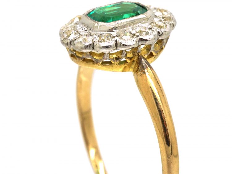 Edwardian 18ct Gold & Platinum, Emerald & Diamond Cluster Ring