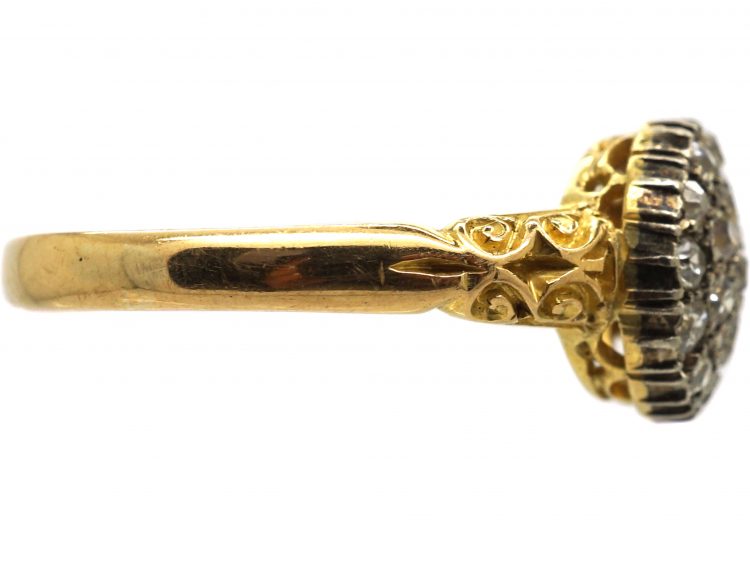 Edwardian 18ct Gold Diamond Cluster Ring with Ornate Shoulders