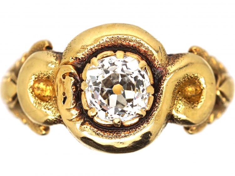 Georgian 18ct Gold Ring with a Snake Coiled Around an Old Mine Cut Diamond