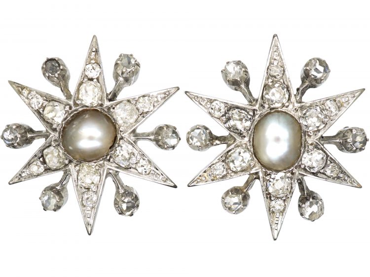 Edwardian 18ct White Gold Star Earrings set with Diamonds & Natural Pearls
