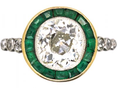 Art Deco 18ct Gold & Platinum, Emerald & Diamond Target Ring with Diamond Set Shoulders