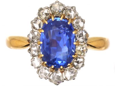 French Import Early 20th Century, 18ct Gold & Platinum, Sapphire & Rose Diamond Oval Cluster Ring