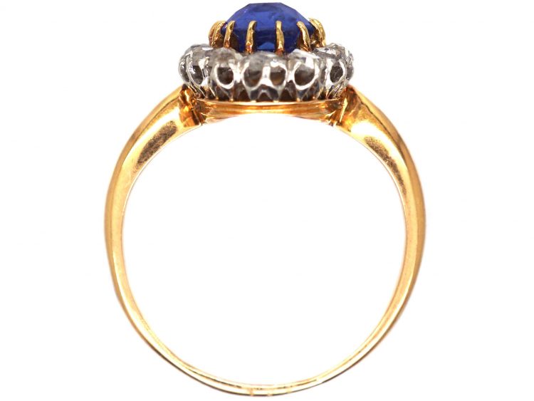 French Import Early 20th Century, 18ct Gold & Platinum, Sapphire & Rose Diamond Oval Cluster Ring