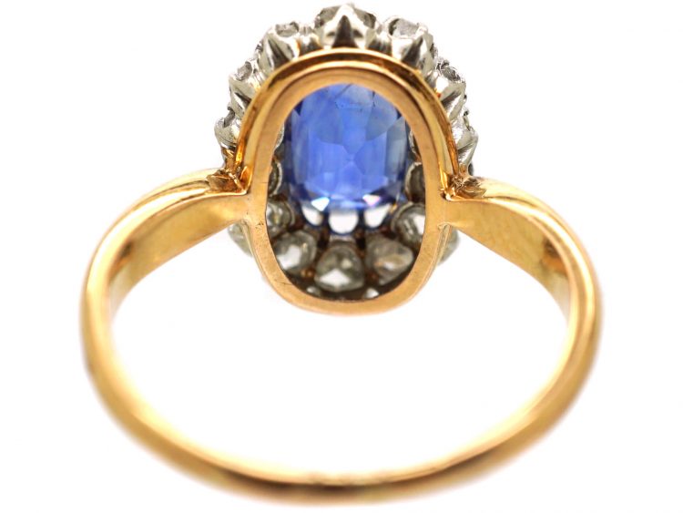 French Import Early 20th Century, 18ct Gold & Platinum, Sapphire & Rose Diamond Oval Cluster Ring