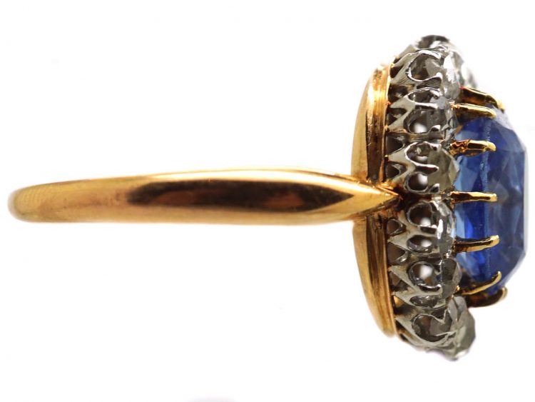French Import Early 20th Century, 18ct Gold & Platinum, Sapphire & Rose Diamond Oval Cluster Ring