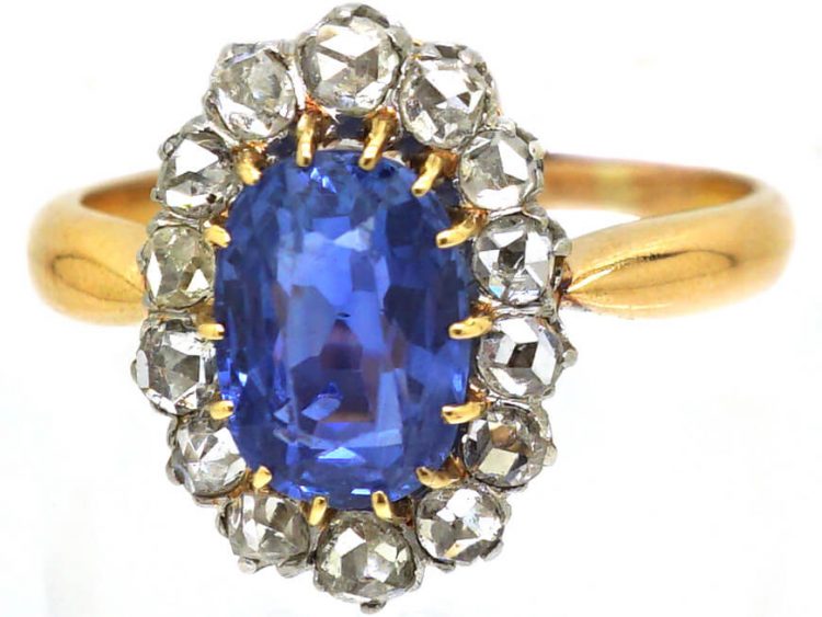 French Import Early 20th Century, 18ct Gold & Platinum, Sapphire & Rose Diamond Oval Cluster Ring