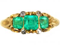 Early Victorian 18ct Gold, Three Stone Emerald Ring with Small Diamonds