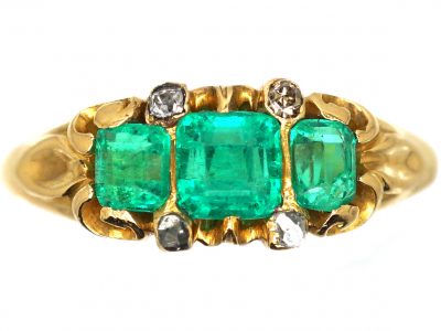 Early Victorian 18ct Gold, Three Stone Emerald Ring with Small Diamonds