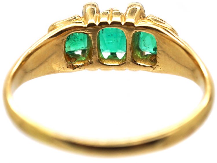 Early Victorian 18ct Gold, Three Stone Emerald Ring with Small Diamonds