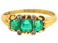 Early Victorian 18ct Gold, Three Stone Emerald Ring with Small Diamonds
