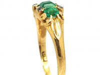 Early Victorian 18ct Gold, Three Stone Emerald Ring with Small Diamonds