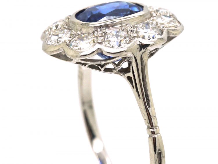 Early 20th Century Large Unheated Ceylon Sapphire & Diamond Cluster Ring