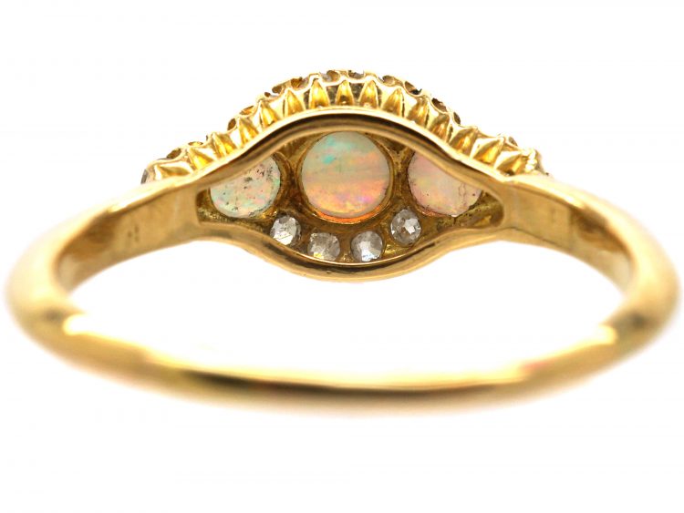 Victorian 18ct Gold, Three Stone Opal & Diamond Cluster Ring