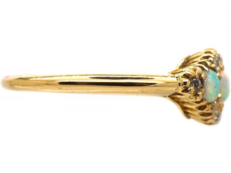 Victorian 18ct Gold, Three Stone Opal & Diamond Cluster Ring