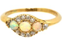 Victorian 18ct Gold, Three Stone Opal & Diamond Cluster Ring