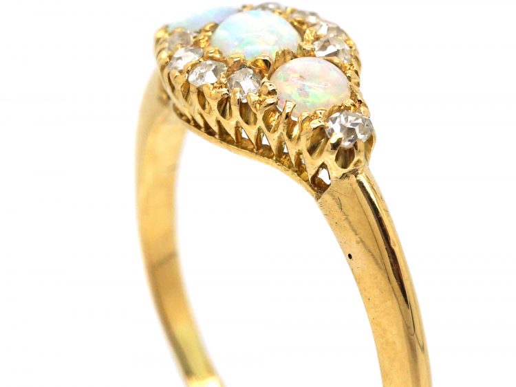 Victorian 18ct Gold, Three Stone Opal & Diamond Cluster Ring