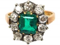 French Imported Late 19th Century 18ct Gold, Emerald & Diamond Cluster Ring