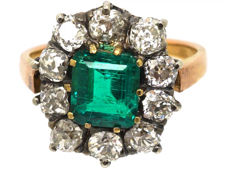 French Imported Late 19th Century 18ct Gold, Emerald & Diamond Cluster Ring