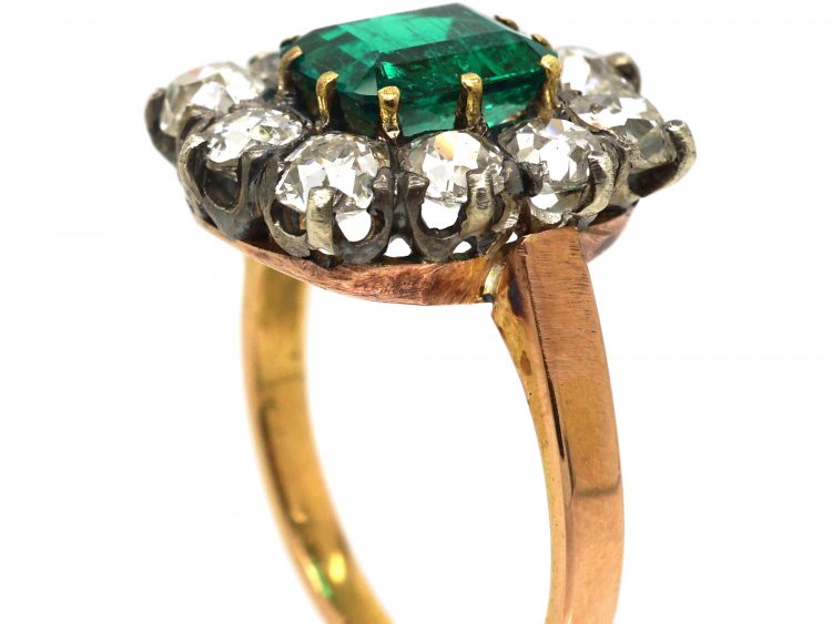 French Imported Late 19th Century 18ct Gold, Emerald & Diamond Cluster Ring