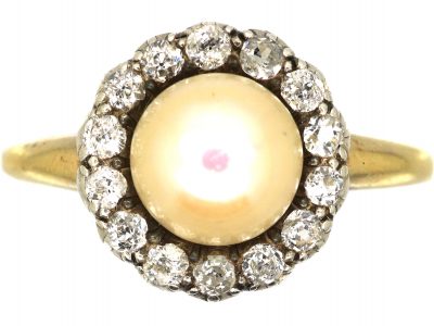 Edwardian 18ct Gold, Natural Pearl & Diamond Cluster Ring