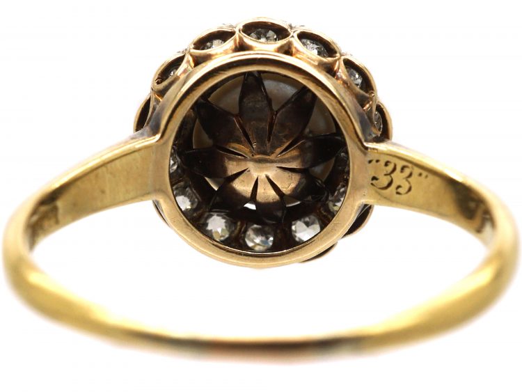 Edwardian 18ct Gold, Natural Pearl & Diamond Cluster Ring