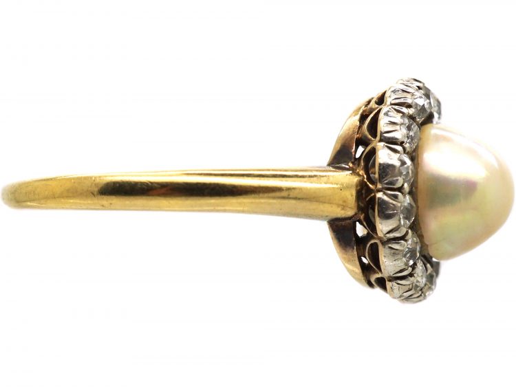 Edwardian 18ct Gold, Natural Pearl & Diamond Cluster Ring